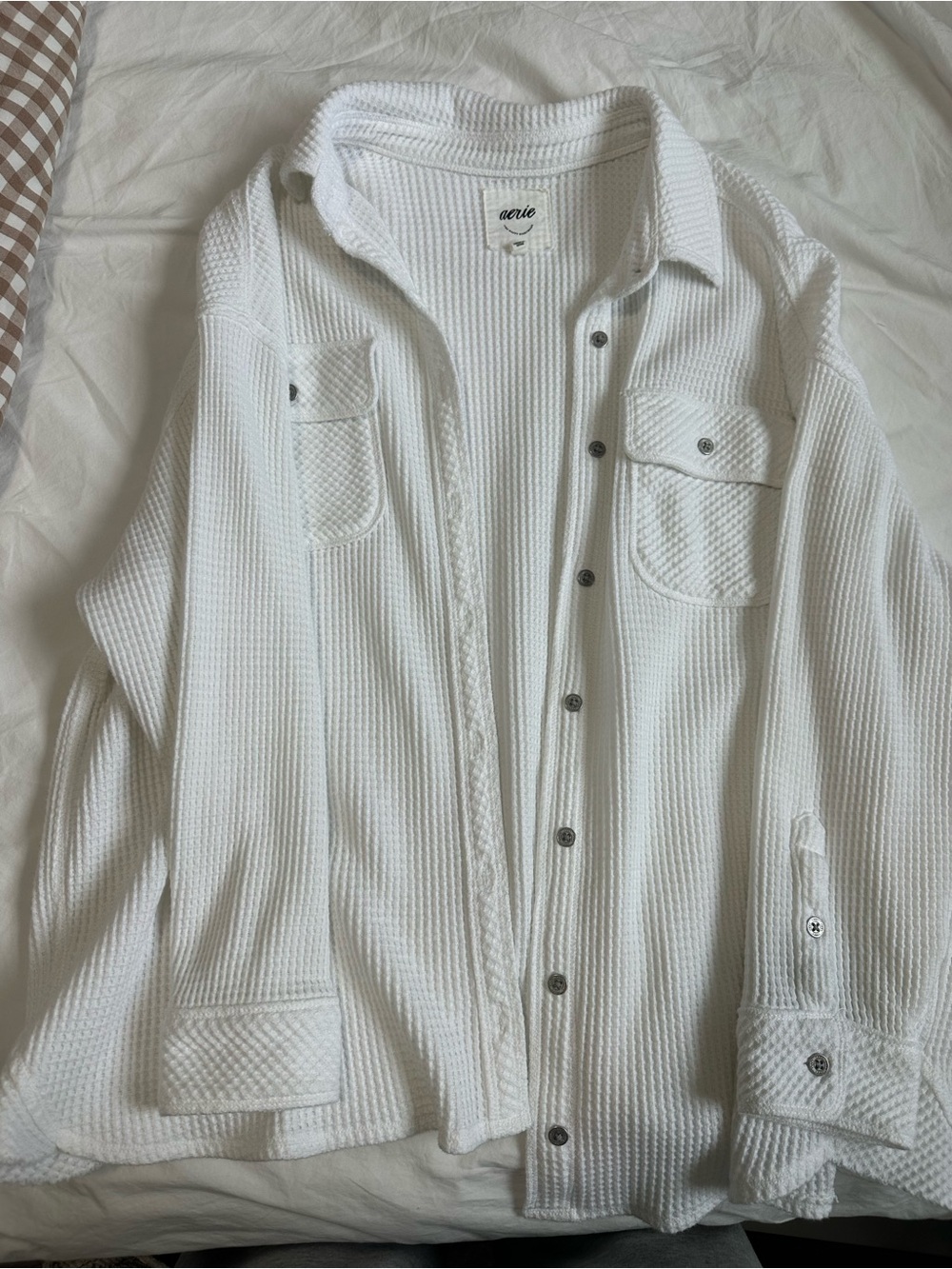 aerie White Waffle-Knit Button Front Shirt Jacket